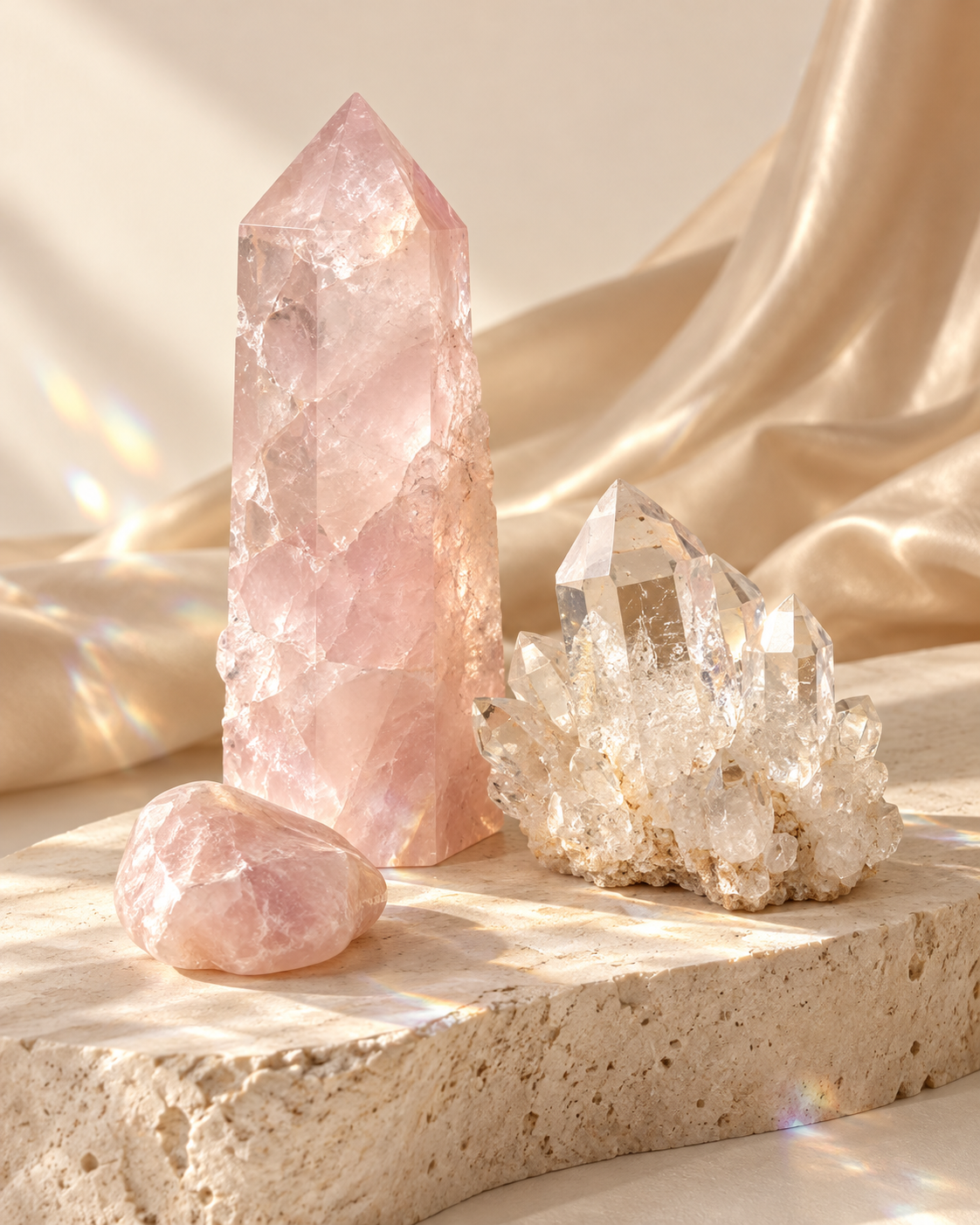 Rose quartz and clear quartz in sunlight on an ivory stone plinth